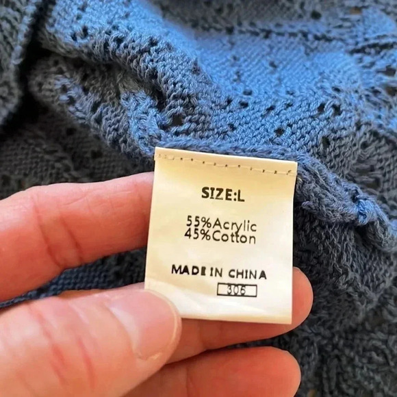 Knit Lacy Crochet Cable Sweater Womens Large Long Sleeves Blue Cottage Core Boho - Picture 7 of 16